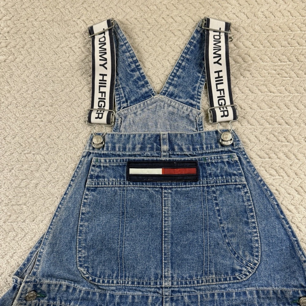 Vintage Tommy Hilfiger Denim Shortalls Womens Large Blue Logo Straps 90s Y2K - Picture 6 of 16